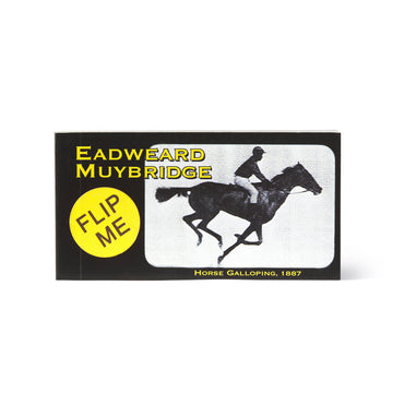 Card with Eadweard Muybridge image of a horse galloping and 'Flip Me' label on a white background